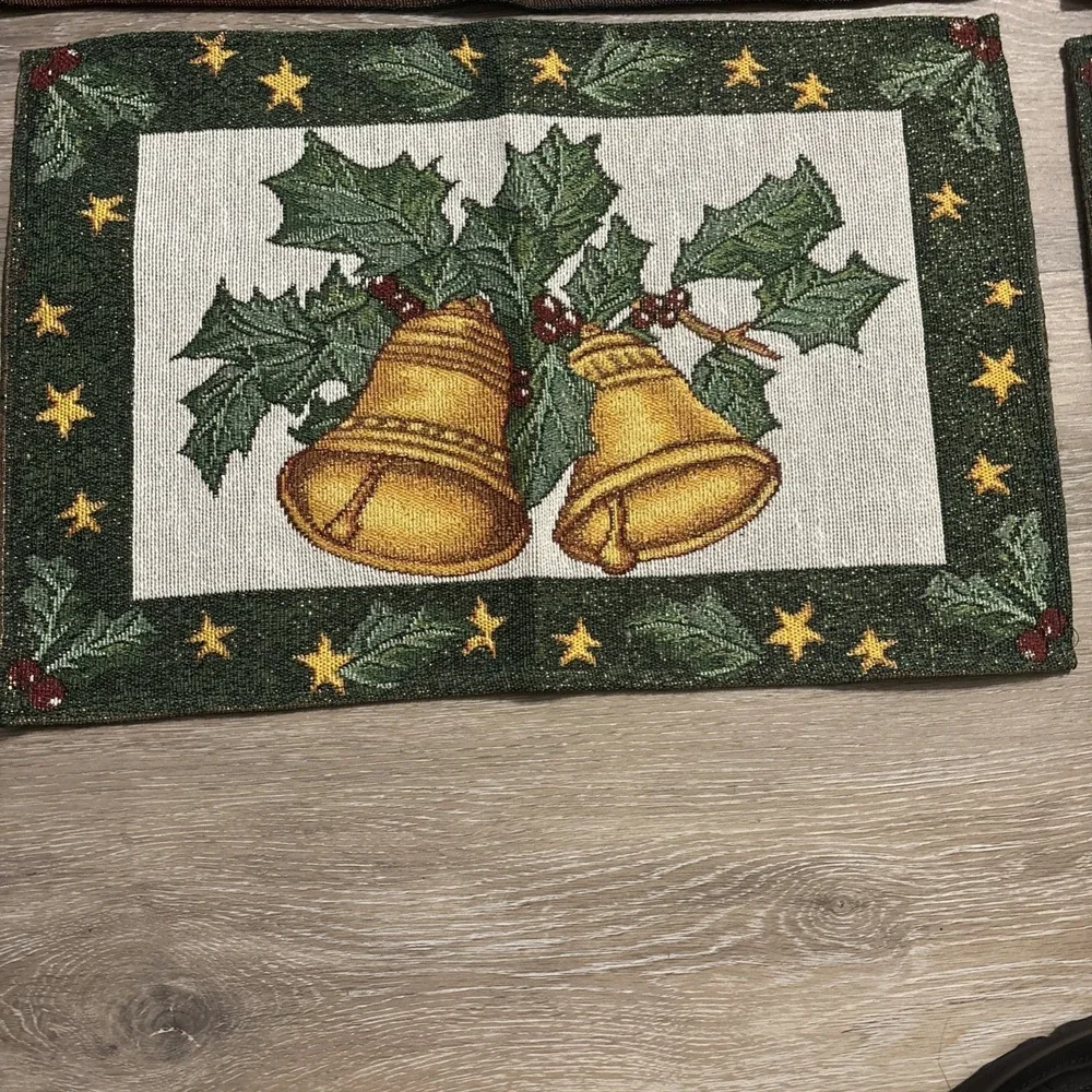 Lot of 4 Christmas Tapestry Placemats 13x19 Santa Naughty Or Nice & Holly Bells